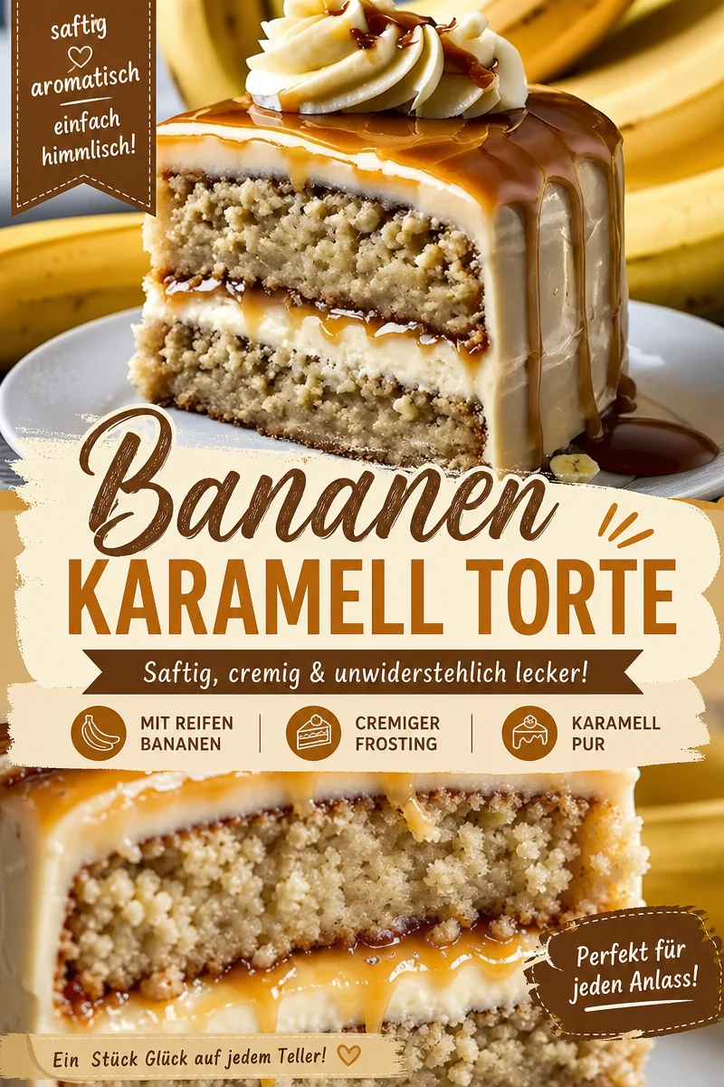 Der unwiderstehliche Bananen Karamell Traum – Ein Stück vom Glück - Lust auf ein himmlisches Dessert? Der Bananen Karamell Traum vereint saftigen Bananenkuchen mit cremiger Karamellfüllung und einer köstlichen Frischkäseglasur. Perfekt für jeden Anlass und einfach zuzubereiten! Probiere es jetzt aus und beeindrucke deine Gäste. Teile deine Kreationen mit uns! #DessertLovers #KuchenRezepte #BananenKaramell