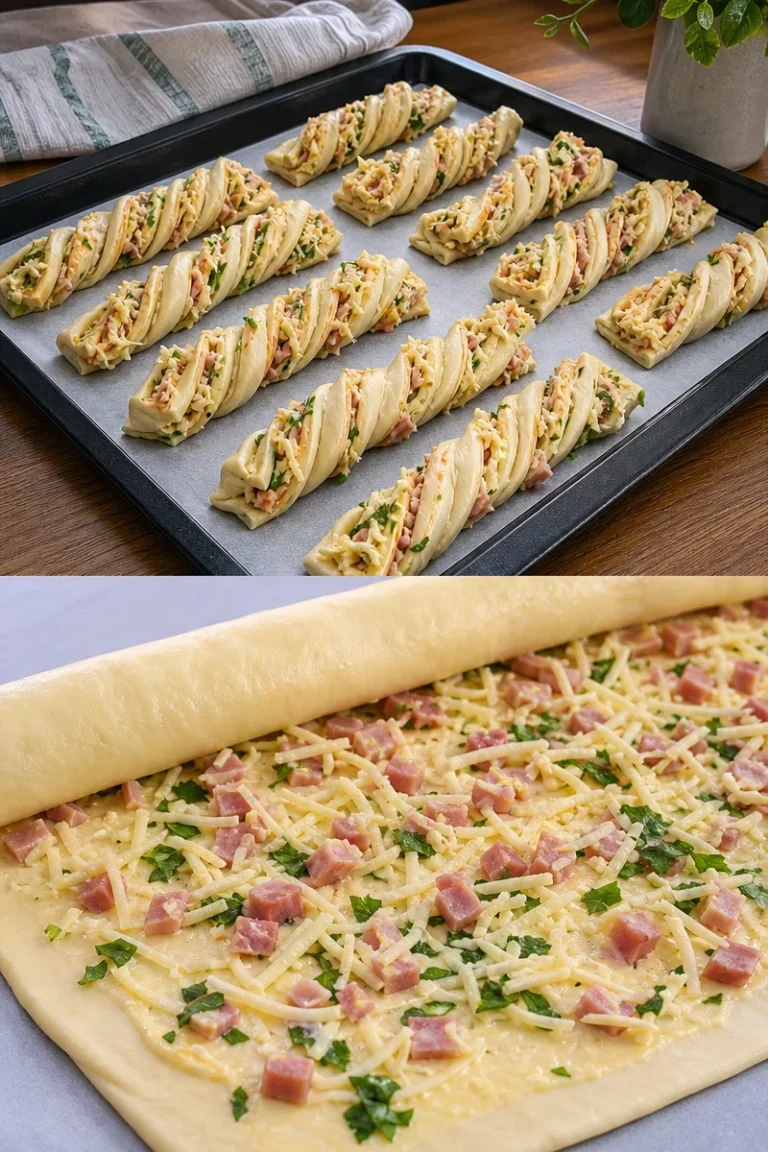 Einfache Blätterteig Stangen mit Schinken, Schmand und Käse 4 Einfache Blätterteig Stangen mit Schinken, Schmand und Käse auf einem Teller