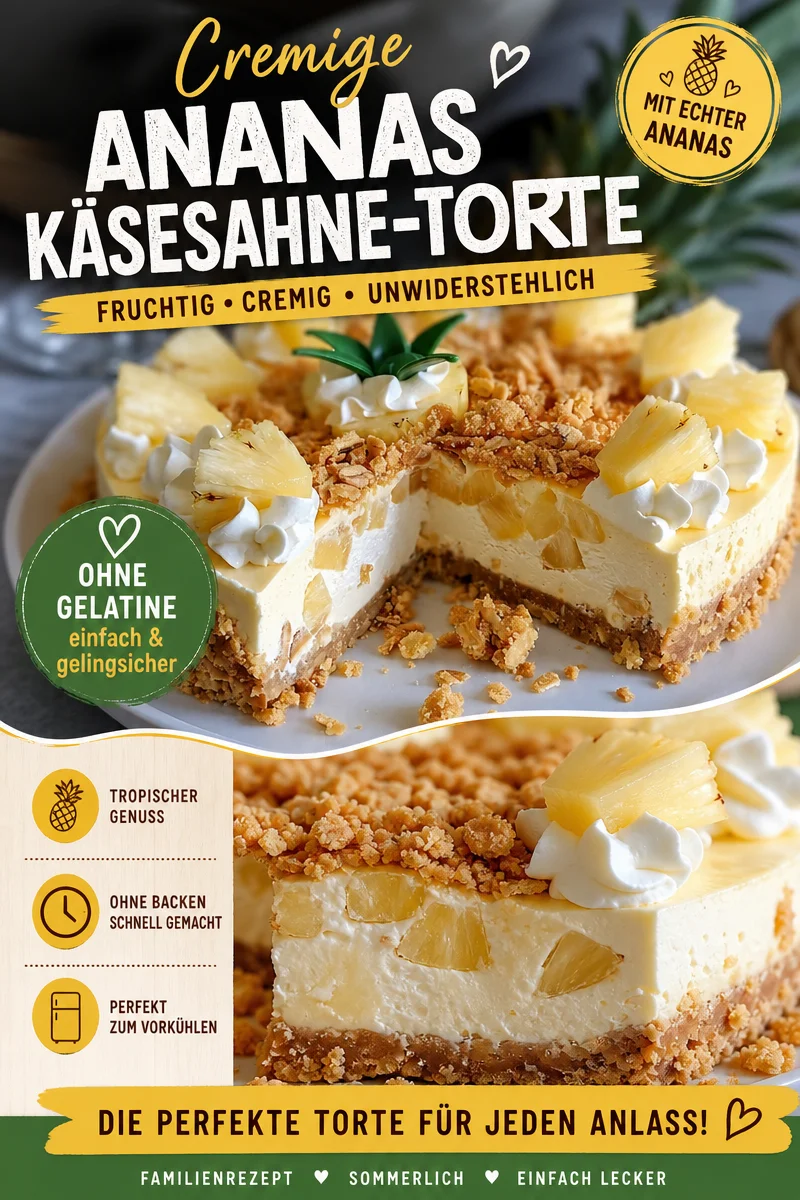 Erfrischender Ananas Käsekuchen – Der perfekte Genuss für jeden Anlass! - Entdecke das Rezept für meinen unwiderstehlichen Ananas Käsekuchen! Dieser kühle, fruchtige Kuchen bringt den Geschmack von Sonne direkt auf deinen Tisch. Mit einem knusprigen Boden aus Graham-Crackern und einer luftigen Käsekuchenfüllung ist er das ideale Dessert für warme Tage. Lass dir dieses köstliche Rezept nicht entgehen und serviere ihn kalt für das perfekte Geschmackserlebnis! Probiere ihn jetzt aus! #AnanasKäsekuchen #Süßspeisen #Kuchenrezepte