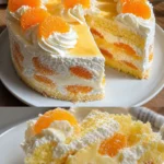Fantakuchen mit Mandarinen und Paradiescreme auf einem Teller