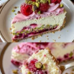 Fruchtiger Käsekuchen mit Pistazien auf einem Teller angerichtet