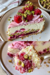 Fruchtiger Käsekuchen mit Pistazien 9 Fruchtiger Käsekuchen mit Pistazien auf einem Teller angerichtet