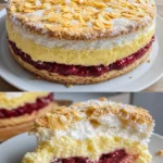 Gewitter Torte mit Sauerkirschen auf einem Teller, verziert mit Schlagsahne.