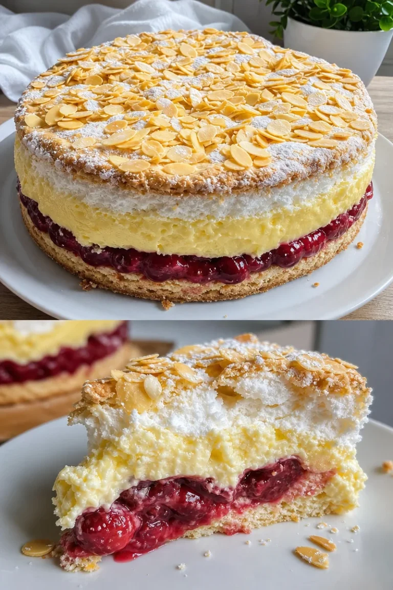 Gewitter Torte mit Sauerkirschen auf einem Teller, verziert mit Schlagsahne.