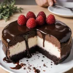 Goldbrauner Schokokuchen mit Vanillepudding auf einem weißen Teller