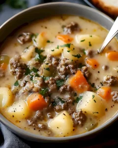 Herzhafte Hamburger-Suppe mit Hackfleisch in einem Topf serviert
