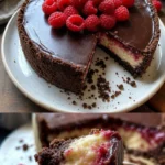 Himbeer-Brownie-Cheesecake auf einem Teller, dekoriert mit frischen Himbeeren