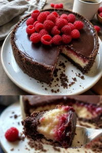 Himbeer-Brownie-Cheesecake: Der köstliche Genuss für jeden Anlass 10 Himbeer-Brownie-Cheesecake auf einem Teller, dekoriert mit frischen Himbeeren