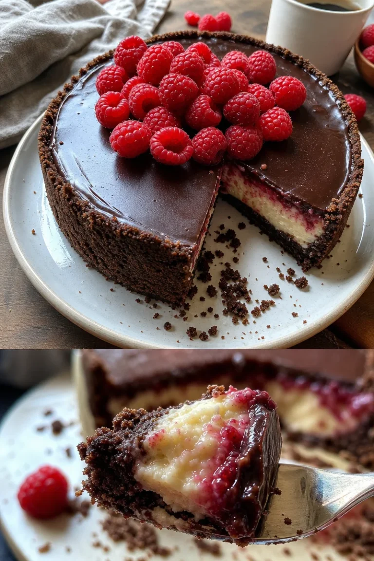 Himbeer-Brownie-Cheesecake: Der köstliche Genuss für jeden Anlass 1 Himbeer-Brownie-Cheesecake auf einem Teller, dekoriert mit frischen Himbeeren