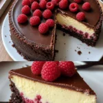 Himbeer-Brownie-Cheesecake mit frischen Himbeeren und Schokoladen-Brownie-Boden