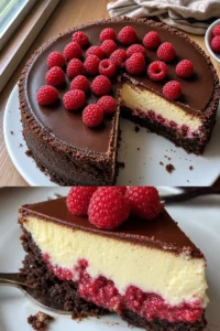 Himbeer-Brownie-Cheesecake mit frischen Himbeeren und Schokoladen-Brownie-Boden