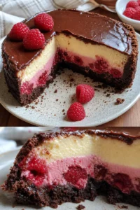 Himbeer-Brownie-Cheesecake Rezept für jeden Anlass 7 Himbeer-Brownie-Cheesecake in appetitlicher Präsentation auf einem Teller