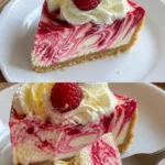 Leckere Himbeer Cheesecake Schnitte auf einem Teller serviert