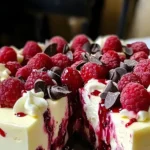 Himbeer-Käsekuchen aus weißer Schokolade auf einem Teller