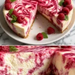 Himbeer-Swirl-Käsekuchen auf einem Teller, dekoriert mit frischen Himbeeren.