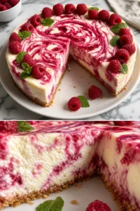 Himbeer-Swirl-Käsekuchen auf einem Teller, dekoriert mit frischen Himbeeren.