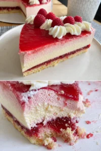 Himbeertorte mit Joghurtcreme auf einem Teller dekoriert
