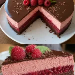 Himbeer-Schokoladen-Mousse-Torte mit frischen Himbeeren und Schokoladendekor