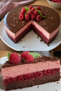 Himmlische Himbeer-Schokoladen-Mousse-Torte 9 Himbeer-Schokoladen-Mousse-Torte mit frischen Himbeeren und Schokoladendekor