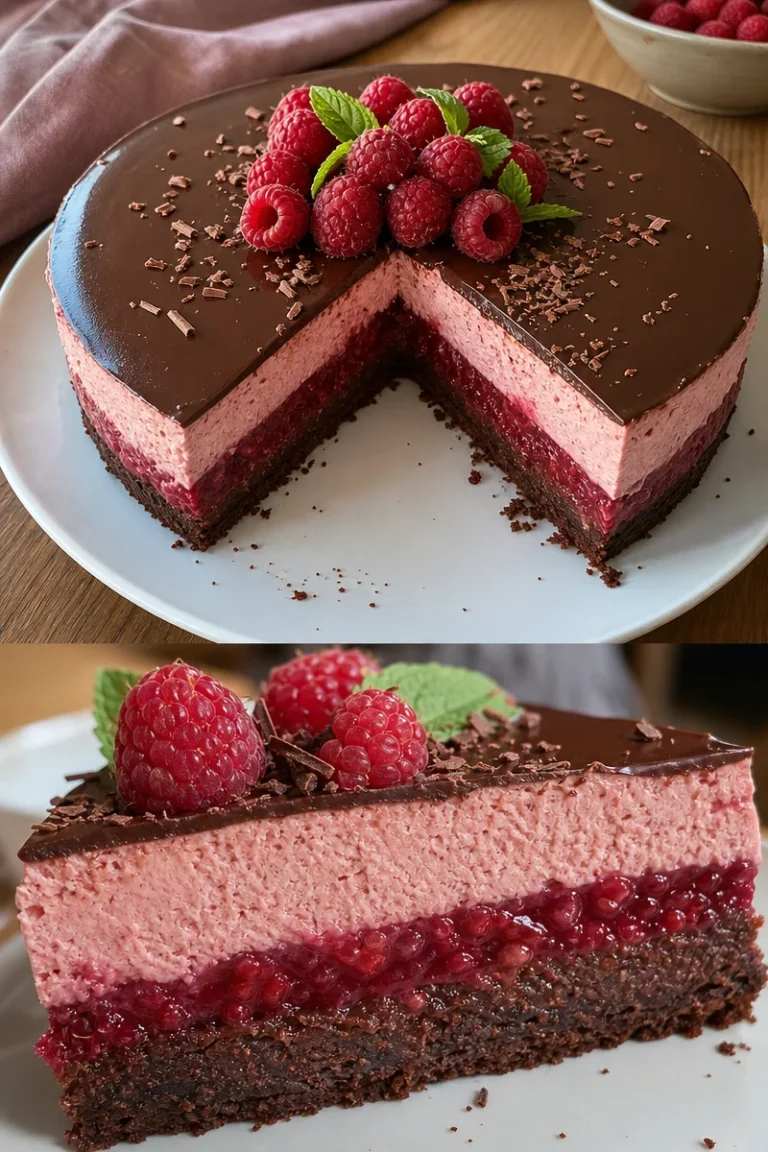 Himmlische Himbeer-Schokoladen-Mousse-Torte 5 Himbeer-Schokoladen-Mousse-Torte mit frischen Himbeeren und Schokoladendekor