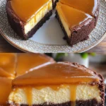Karamell-Brownie-Käsekuchen auf einem Teller, verziert mit Karamellsauce