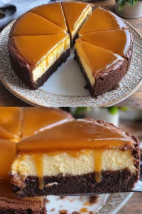 Karamell-Brownie-Käsekuchen Rezept einfach 10 Karamell-Brownie-Käsekuchen auf einem Teller, verziert mit Karamellsauce