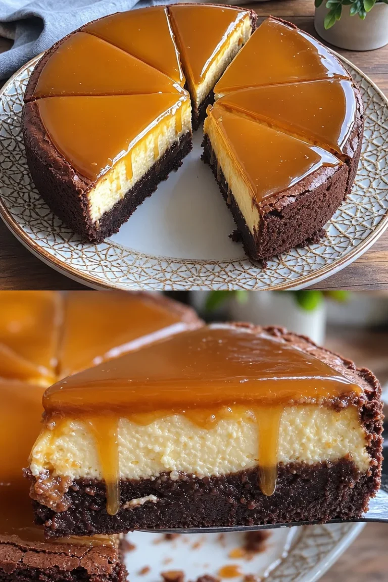 Karamell-Brownie-Käsekuchen Rezept einfach 6 Karamell-Brownie-Käsekuchen auf einem Teller, verziert mit Karamellsauce