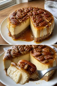 Karamellisierte Pecan Pie Käsekuchen 3 Karamellisierter Pecan Pie Käsekuchen mit reichhaltiger Pecan-Belag und Käsekuchen-Füllung