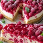 Käsekuchen mit Mürbeteig und Himbeerspiegel auf einem Teller