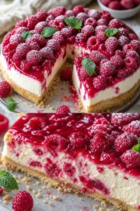 Käsekuchen mit Mürbeteig und Himbeerspiegel – Ein Fruchttraum 4 Käsekuchen mit Mürbeteig und Himbeerspiegel auf einem Teller