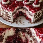 Kirschtorte mit Stracciatellacreme und frischen Kirschen auf einem Teller