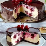 Klassische Schwarzwälder Käsetorte mit Kirschen auf einem Teller