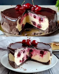 Klassische Schwarzwälder Käsetorte Rezept mit Kirschen 3 Klassische Schwarzwälder Käsetorte mit Kirschen auf einem Teller