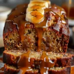 Köstliches Bananenbrot mit gesalzenem Karamell auf einem Holzbrett