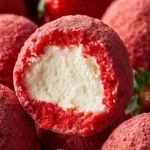 Cremige Erdbeer-Cheesecake-Trüffel mit weißer Schokolade auf einem Teller