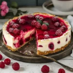 Kremige Himbeer-Torte auf Nussbiskuit mit frischen Himbeeren garniert