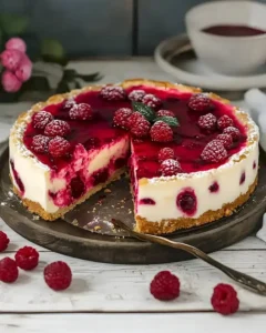 Kremige Himbeer-Torte mit Nussbiskuit 6 Kremige Himbeer-Torte auf Nussbiskuit mit frischen Himbeeren garniert
