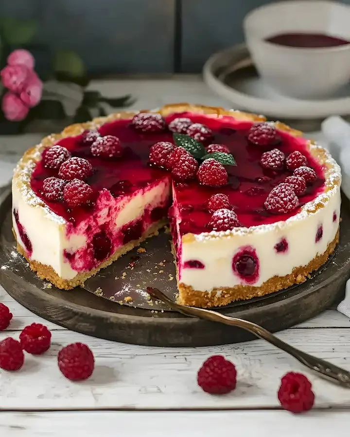 Kremige Himbeer-Torte mit Nussbiskuit 8 Kremige Himbeer-Torte auf Nussbiskuit mit frischen Himbeeren garniert