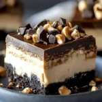 Kremige Schokoladen-Peanutbutter-Bars auf einem weißen Teller serviert.