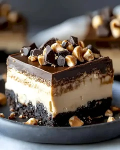 Kremige Schokoladen-Peanutbutter-Bars auf einem weißen Teller serviert.