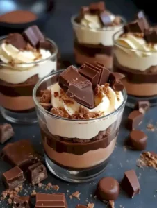 Cremige Schokoladenmasse mit Kinder Bueno auf einem Teller serviert.