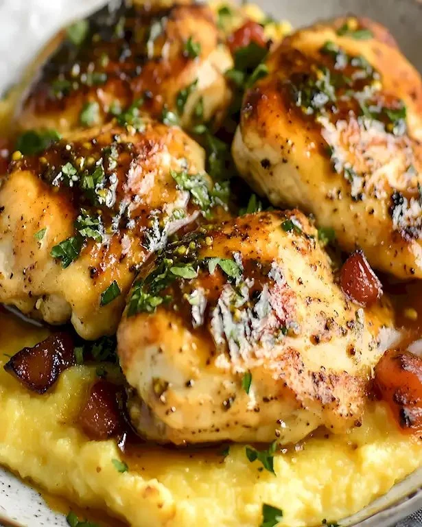 Krisp Kräuter Chicken mit cremigem Maisgrieß 4 Krisp Kräuter Chicken mit cremigem Maisgrieß auf einem Teller serviert