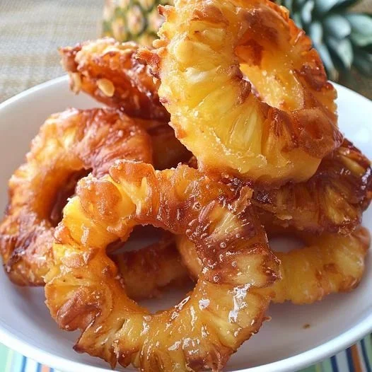 Krisp Krümelige Ananasfritters mit Zimt 3 Krisp krümelige Ananasfritters mit Zimt auf einem Teller serviert