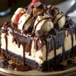 Krokant-Brownie-Cheesecake mit Schokoladen-Ganache auf einem Teller