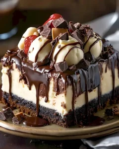 Krokant-Brownie-Cheesecake mit Schokoladen-Ganache auf einem Teller