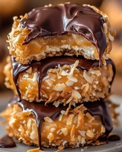 Krokantige Samoa Cookies mit Kokos und Karamell auf einem Teller