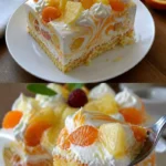 Rezept für kühlen Orangen Ananaskuchen mit Sahne auf einem Teller