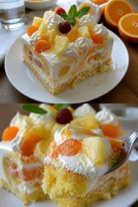 Kühler Orangen Ananaskuchen mit Sahne Rezept 2 Rezept für kühlen Orangen Ananaskuchen mit Sahne auf einem Teller