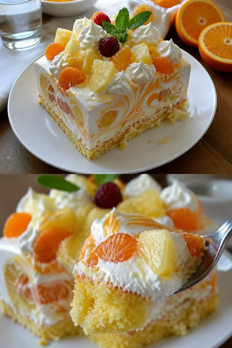 Rezept für kühlen Orangen Ananaskuchen mit Sahne auf einem Teller