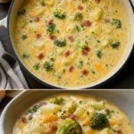 Eine Schüssel Brokkolisuppe mit Käse und Kartoffeln auf einem Holzbrett